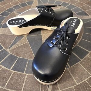 NWOB Verka Sweden Rosett Wood Sole Lace-Up Clogs Mules